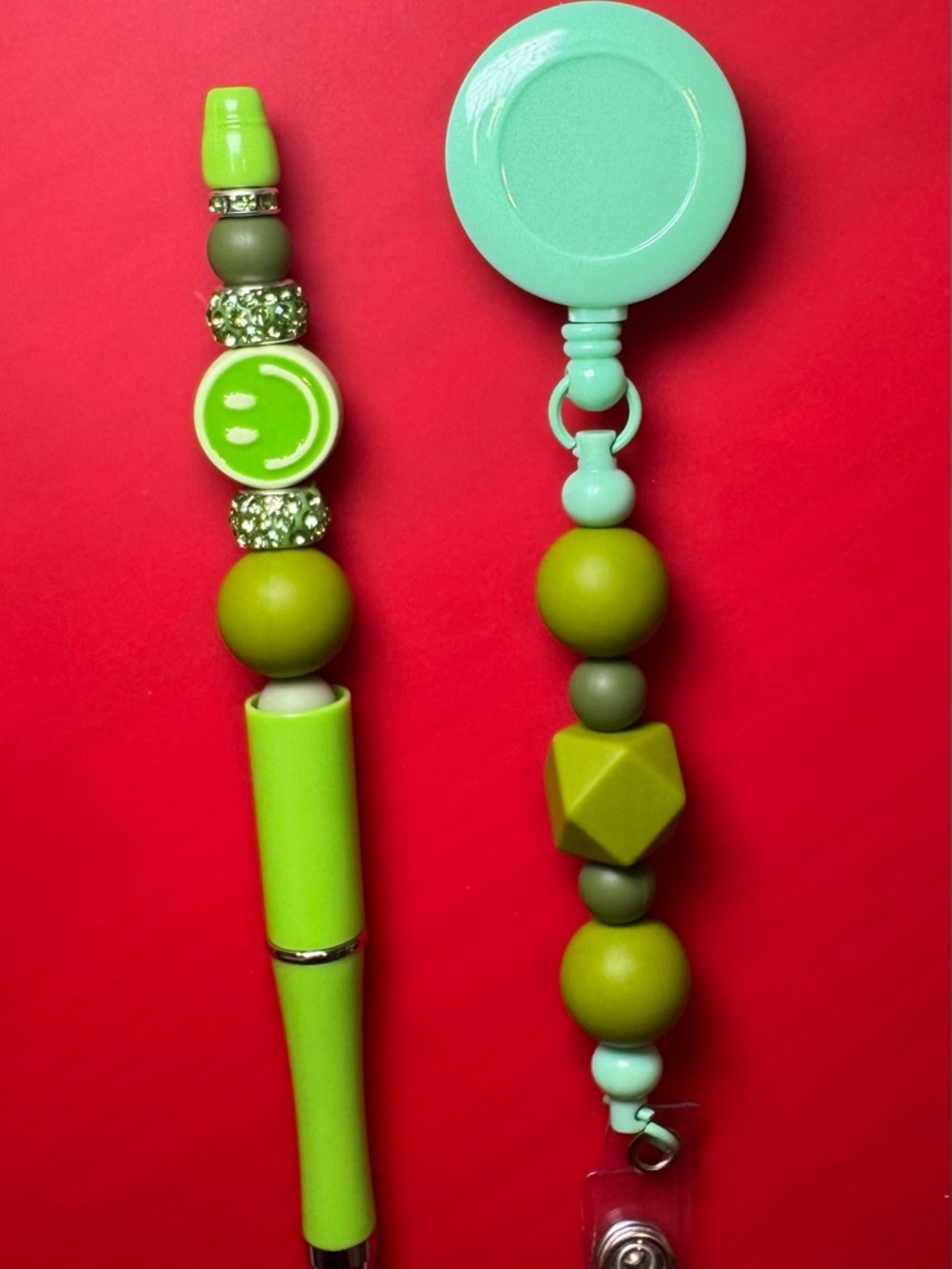 Mint & Lime Beaded Badge Reel and Pen Set - Home Office Bibs